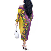 Hawaii Mardi Gras Off The Shoulder Long Sleeve Dress Plumeria Lei Beads Glitter Style LT05 - Polynesian Pride