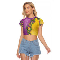 Hawaii Mardi Gras Raglan Cropped T Shirt Plumeria Lei Beads Glitter Style LT05 Female Colorful - Polynesian Pride