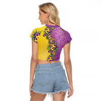 Hawaii Mardi Gras Raglan Cropped T Shirt Plumeria Lei Beads Glitter Style LT05 - Polynesian Pride