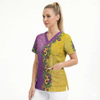 Hawaii Mardi Gras Scrub Top Plumeria Lei Beads Glitter Style LT05 - Polynesian Pride