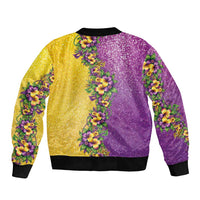 Hawaii Mardi Gras Sleeve Zip Bomber Jacket Plumeria Lei Beads Glitter Style LT05 - Polynesian Pride