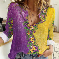 Hawaii Mardi Gras Women Casual Shirt Plumeria Lei Beads Glitter Style LT05 Female Colorful - Polynesian Pride