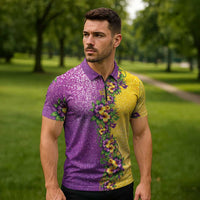 Hawaii Mardi Gras Zipper Polo Shirt Plumeria Lei Beads Glitter Style LT05 - Polynesian Pride