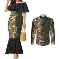 Hawaii Mardi Gras Couples Matching Mermaid Dress and Long Sleeve Button Shirt Tropical Flowers Glitter Style LT05 Black - Polynesian Pride