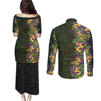 Hawaii Mardi Gras Couples Matching Puletasi and Long Sleeve Button Shirt Tropical Flowers Glitter Style LT05 - Polynesian Pride