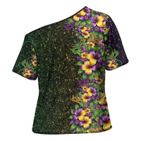 Hawaii Mardi Gras Cross Shoulder Shirt Tropical Flowers Glitter Style LT05 - Polynesian Pride