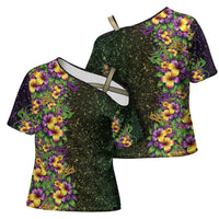 Hawaii Mardi Gras Cross Shoulder Shirt Tropical Flowers Glitter Style LT05 - Polynesian Pride