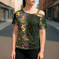 Hawaii Mardi Gras Cross Shoulder Shirt Tropical Flowers Glitter Style LT05 - Polynesian Pride