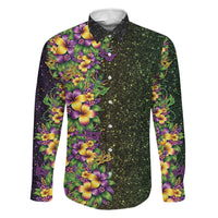 Hawaii Mardi Gras Family Matching Long Sleeve Bodycon Dress and Hawaiian Shirt Tropical Flowers Glitter Style