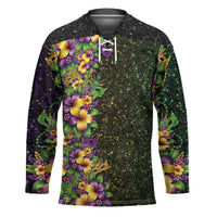 Hawaii Mardi Gras Hockey Jersey Tropical Flowers Glitter Style LT05 Unisex Black - Polynesian Pride