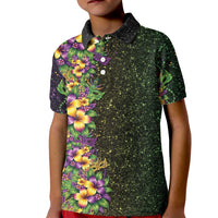 Hawaii Mardi Gras Kid Polo Shirt Tropical Flowers Glitter Style LT05 Kid Black - Polynesian Pride