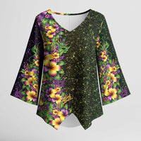 Hawaii Mardi Gras Kimono Sleeve Blouse Tropical Flowers Glitter Style LT05 Female Black - Polynesian Pride