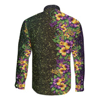 Hawaii Mardi Gras Long Sleeve Button Shirt Tropical Flowers Glitter Style LT05 - Polynesian Pride