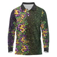Hawaii Mardi Gras Long Sleeve Polo Shirt Tropical Flowers Glitter Style LT05 Black - Polynesian Pride