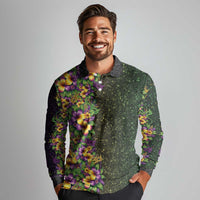Hawaii Mardi Gras Long Sleeve Polo Shirt Tropical Flowers Glitter Style LT05 - Polynesian Pride