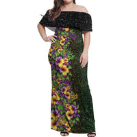 Hawaii Mardi Gras Off Shoulder Maxi Dress Tropical Flowers Glitter Style LT05 Women Black - Polynesian Pride