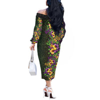 Hawaii Mardi Gras Off The Shoulder Long Sleeve Dress Tropical Flowers Glitter Style LT05 - Polynesian Pride