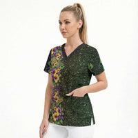 Hawaii Mardi Gras Scrub Top Tropical Flowers Glitter Style LT05 - Polynesian Pride