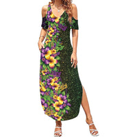 Hawaii Mardi Gras Summer Maxi Dress Tropical Flowers Glitter Style LT05 Women Black - Polynesian Pride