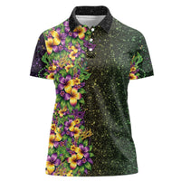 Hawaii Mardi Gras Women Polo Shirt Tropical Flowers Glitter Style LT05 Female Black - Polynesian Pride