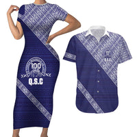 Tonga Queen Salote College Couples Matching Short Sleeve Bodycon Dress and Hawaiian Shirt 100 Years Anniversary Navy Color