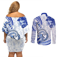 Polynesia Paisley Couples Matching Off Shoulder Short Dress and Long Sleeve Button Shirt Mix Navy Polynesian Pattern LT05 - Polynesian Pride