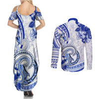 Polynesia Paisley Couples Matching Summer Maxi Dress and Long Sleeve Button Shirt Mix Navy Polynesian Pattern LT05 - Polynesian Pride