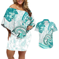 Polynesia Paisley Couples Matching Off Shoulder Short Dress and Hawaiian Shirt Mix Teal Polynesian Pattern LT05 Teal - Polynesian Pride