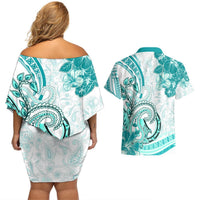Polynesia Paisley Couples Matching Off Shoulder Short Dress and Hawaiian Shirt Mix Teal Polynesian Pattern LT05 - Polynesian Pride