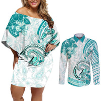 Polynesia Paisley Couples Matching Off Shoulder Short Dress and Long Sleeve Button Shirt Mix Teal Polynesian Pattern LT05 Teal - Polynesian Pride