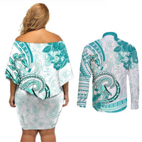 Polynesia Paisley Couples Matching Off Shoulder Short Dress and Long Sleeve Button Shirt Mix Teal Polynesian Pattern LT05 - Polynesian Pride