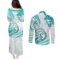 Polynesia Paisley Couples Matching Puletasi and Long Sleeve Button Shirt Mix Teal Polynesian Pattern LT05 - Polynesian Pride