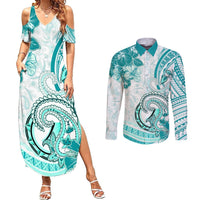 Polynesia Paisley Couples Matching Summer Maxi Dress and Long Sleeve Button Shirt Mix Teal Polynesian Pattern LT05 Teal - Polynesian Pride