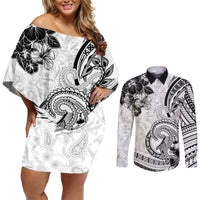 Polynesia Paisley Couples Matching Off Shoulder Short Dress and Long Sleeve Button Shirt Mix White Polynesian Pattern LT05 White - Polynesian Pride