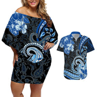 Polynesia Paisley Couples Matching Off Shoulder Short Dress and Hawaiian Shirt Mix Blue Polynesian Pattern LT05 Blue - Polynesian Pride