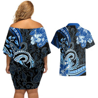 Polynesia Paisley Couples Matching Off Shoulder Short Dress and Hawaiian Shirt Mix Blue Polynesian Pattern LT05 - Polynesian Pride