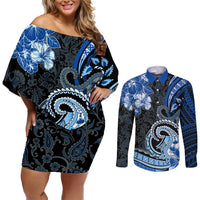Polynesia Paisley Couples Matching Off Shoulder Short Dress and Long Sleeve Button Shirt Mix Blue Polynesian Pattern LT05 Blue - Polynesian Pride