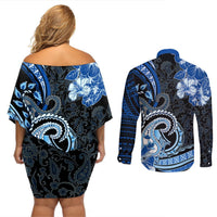 Polynesia Paisley Couples Matching Off Shoulder Short Dress and Long Sleeve Button Shirt Mix Blue Polynesian Pattern LT05 - Polynesian Pride