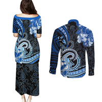 Polynesia Paisley Couples Matching Puletasi and Long Sleeve Button Shirt Mix Blue Polynesian Pattern LT05 - Polynesian Pride