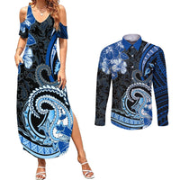 Polynesia Paisley Couples Matching Summer Maxi Dress and Long Sleeve Button Shirt Mix Blue Polynesian Pattern LT05 Blue - Polynesian Pride