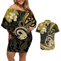 Polynesia Paisley Couples Matching Off Shoulder Short Dress and Hawaiian Shirt Mix Gold Polynesian Pattern LT05 Gold - Polynesian Pride