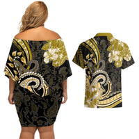 Polynesia Paisley Couples Matching Off Shoulder Short Dress and Hawaiian Shirt Mix Gold Polynesian Pattern LT05 - Polynesian Pride