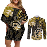 Polynesia Paisley Couples Matching Off Shoulder Short Dress and Long Sleeve Button Shirt Mix Gold Polynesian Pattern LT05 Gold - Polynesian Pride