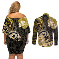 Polynesia Paisley Couples Matching Off Shoulder Short Dress and Long Sleeve Button Shirt Mix Gold Polynesian Pattern LT05 - Polynesian Pride