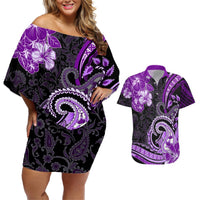 Polynesia Paisley Couples Matching Off Shoulder Short Dress and Hawaiian Shirt Mix Purple Polynesian Pattern LT05 Purple - Polynesian Pride