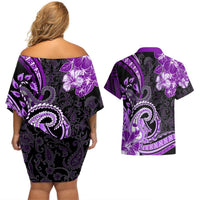 Polynesia Paisley Couples Matching Off Shoulder Short Dress and Hawaiian Shirt Mix Purple Polynesian Pattern LT05 - Polynesian Pride