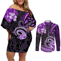 Polynesia Paisley Couples Matching Off Shoulder Short Dress and Long Sleeve Button Shirt Mix Purple Polynesian Pattern LT05 Purple - Polynesian Pride