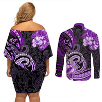 Polynesia Paisley Couples Matching Off Shoulder Short Dress and Long Sleeve Button Shirt Mix Purple Polynesian Pattern LT05 - Polynesian Pride