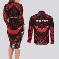 Personalised Easter Island Couples Matching Long Sleeve Bodycon Dress and Long Sleeve Button Shirt Polynesian Pattern Emblem LT05 - Polynesian Pride