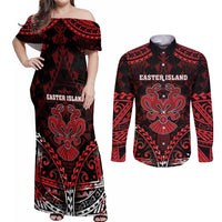 Personalised Easter Island Couples Matching Off Shoulder Maxi Dress and Long Sleeve Button Shirt Polynesian Pattern Emblem LT05 Black - Polynesian Pride